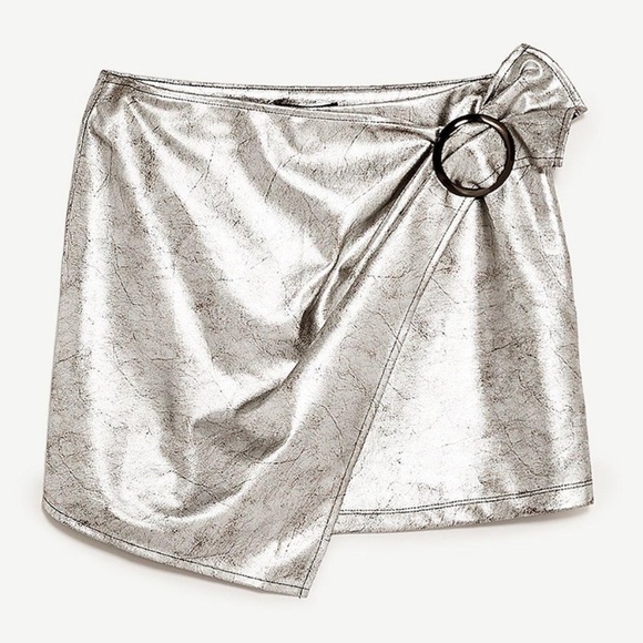 Zara Metallic Silver Wrap Buckle Ruched Mini Skirt - S - Picture 4 of 15